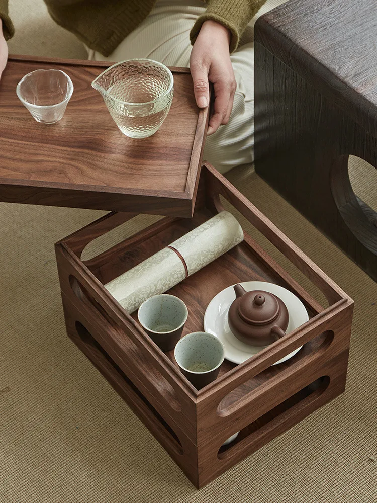 Chinese tea set, desktop storage box, black walnut solid wood, double-layer stackable portable