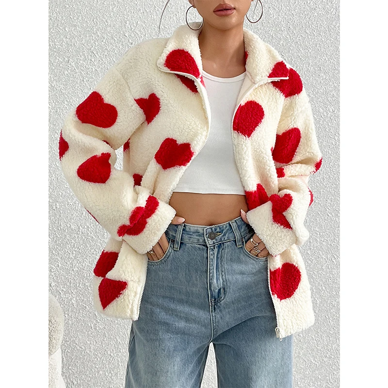 

Women Print Plush Jacket Winter Harajuku Heart Full Print Fluffy Hooded Coat loose long sleeve Thick Warm cardigan jacket