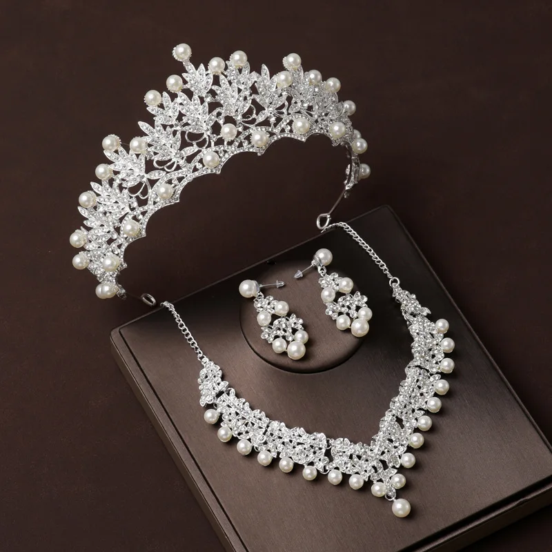 Fashion Crystal Pearl Costume Jewelry Sets Rhinestone Statement Necklace Earrings Crown Tiaras Set Women Wedding Jewelry Sets