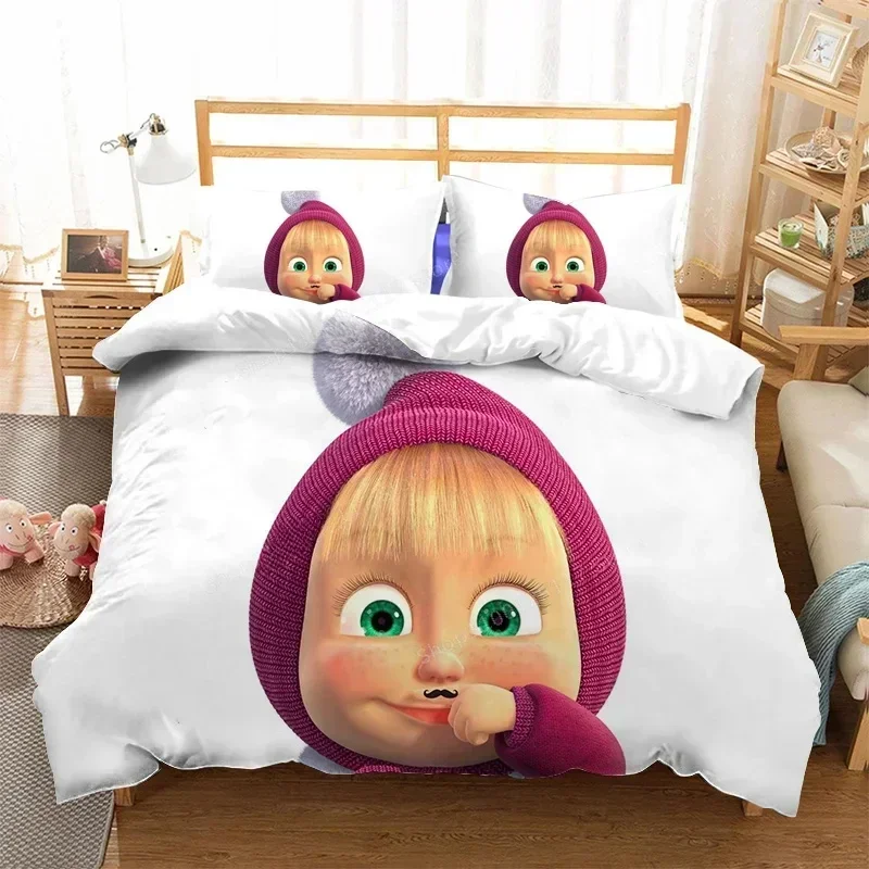 رائجة البيع ماشا والدب طقم سرير غطاء لحاف مع المخدة أنيمي ديكور غرفة نوم غطاء لحاف الفراش دعوى الاطفال هدية عيد الميلاد