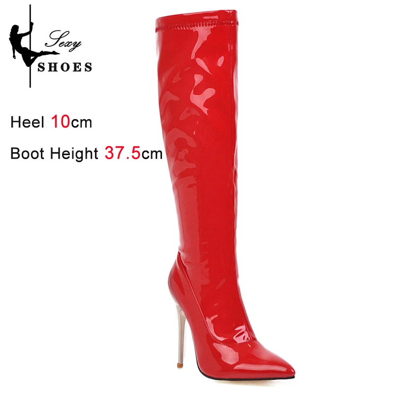 Knee-High Women\'s Boots Fashion Pointed Zipper High Heel 10cm High Tube Sexy Ladies Boots Plus size 34-48 Gothic Fetish Stiletto