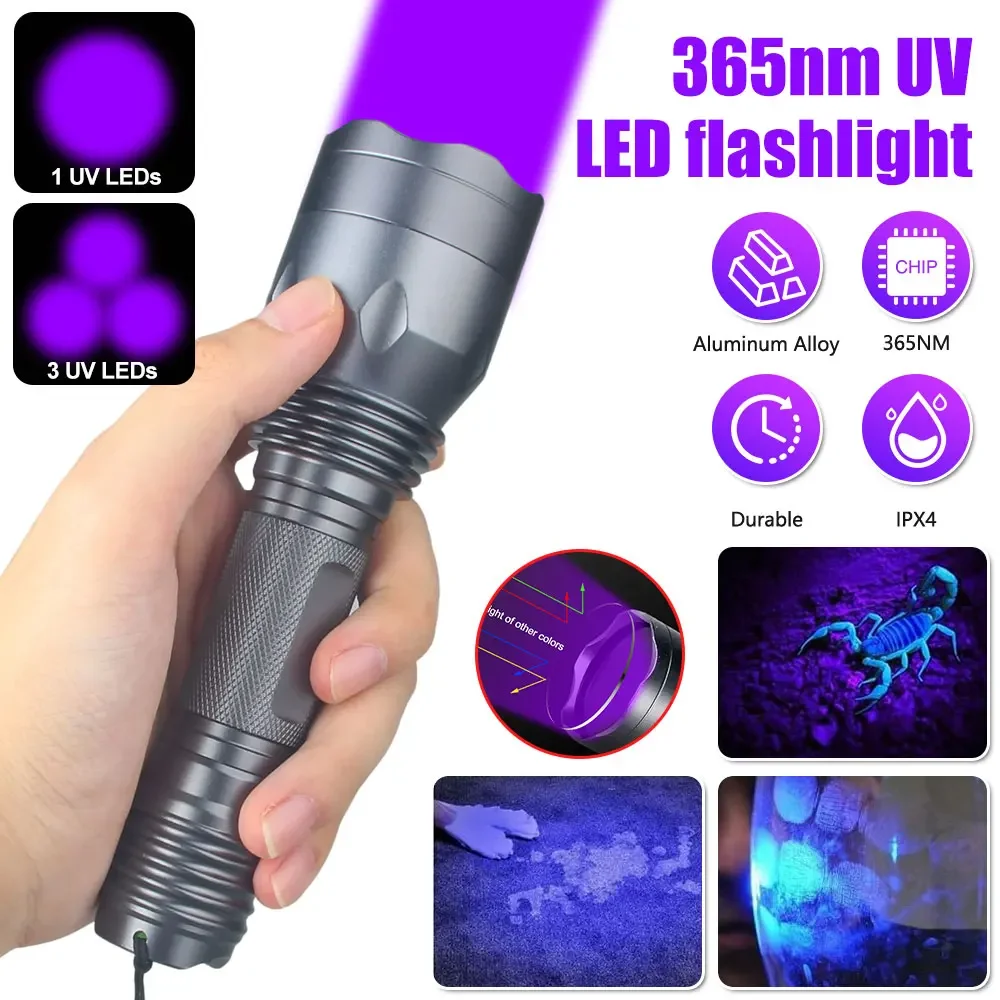 15W 3 LEDs 365nm UV Flashlight Ultraviolet Blacklight USB Rechargeable Purple Linternas Carpet Pet Urine Detector Catch Scorpion