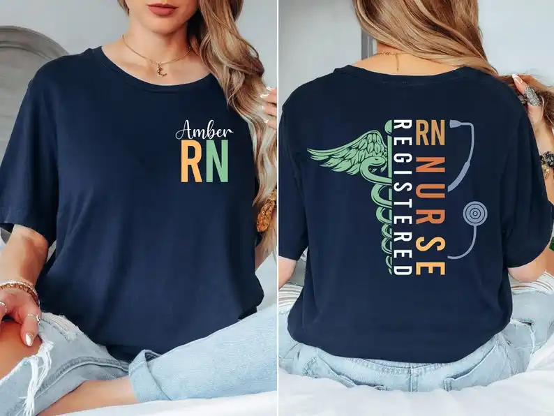 Custom Name Registered Nurse T-Shirt, Personalized RN Tee, Nurse Graduation Gift, Healthcare Worker Customized Gift for Women