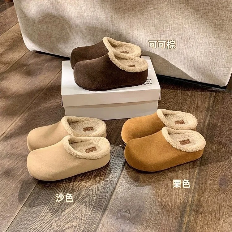 

Warm Fleece Lined Thickened round Head Women's Birkfoot Shoes Soft Bottom Retro Style Autumn Winter New Cotton Shoes Korean Styl