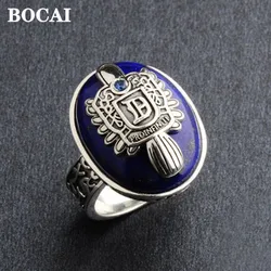 BOCAI S925 Pure Silver Vampire Diaries Rings Trend Lapis Lazuli Wide Version Domineering Wave Of Men's Rings Custom Letters