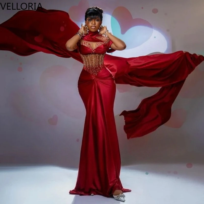 

African Women's Mermaid Ball Dress Elegant Cloak Ruffle Strap Formal Party Gown Luxury Beaded Crystal Evening Dress Customized