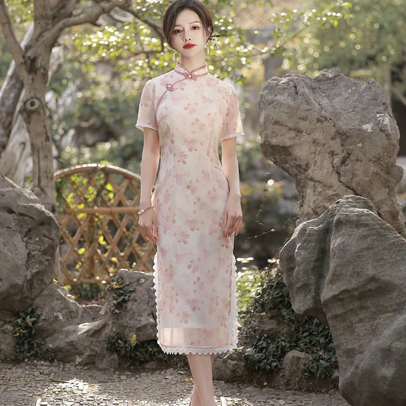 

Elegant Women's Chiffon Modern Lace Qipao Cheongsam Dress 2024 Vintage Chinese style Dresses Traditional Outfits 23405