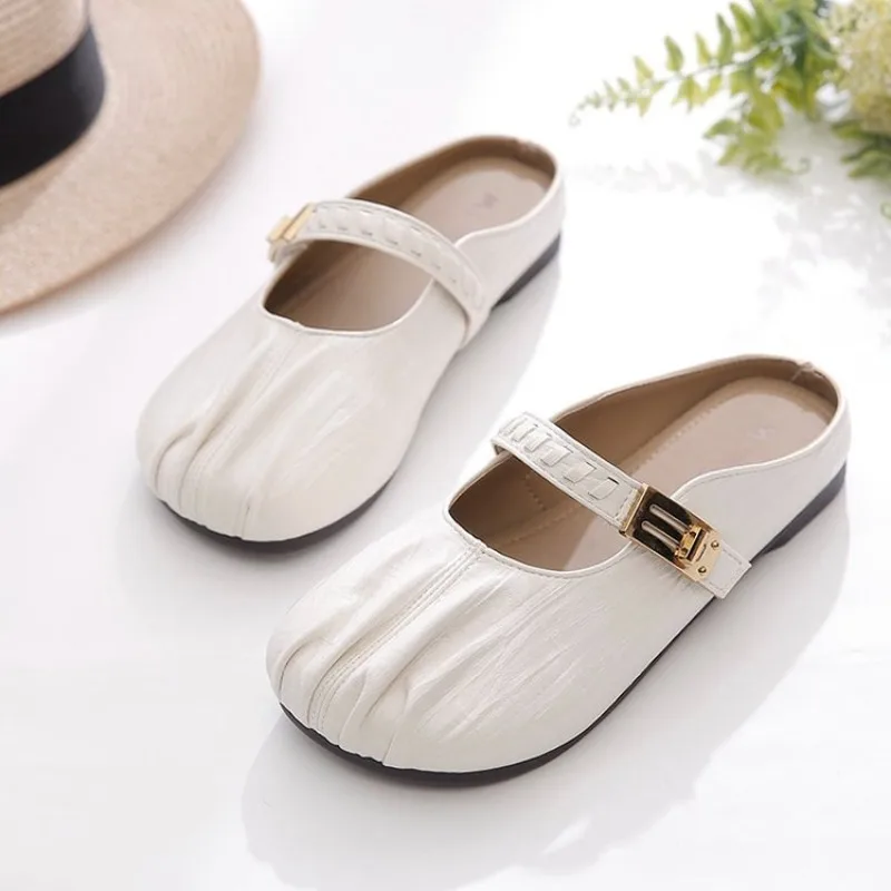 

Women's leather toe half slippers Women's flat bottomed soft soled pleated casual Slippers Women's Shoes