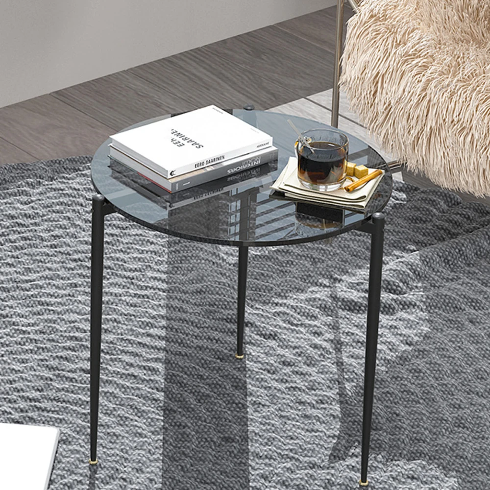 Round Coffee Side End Table Leisure Tempered Glass Side Table with Sleek Metal Legs