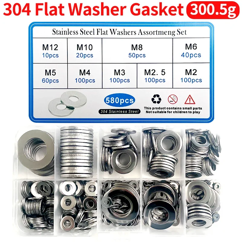 580pcs/Box Washers 304 Stainless Steel  Plain Washers Gaskets M2 M2.5 M3 M4 M5 M6 M8 M10 M12 Metal Washer Fasteners Kit