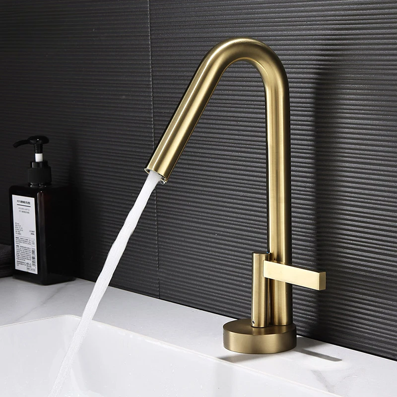 Brushed Gold Bathroom Sink Faucet Water Mixer Tap Single Handle Deck Mounted Rotation Faucet