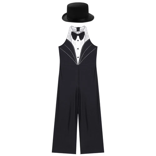 Imagen 2 del producto Traje de baile de Jazz para niñas, mono de esmoquin sin mangas con pajarita, mono completo, traje de actuación de Ballet latino de retales metálico