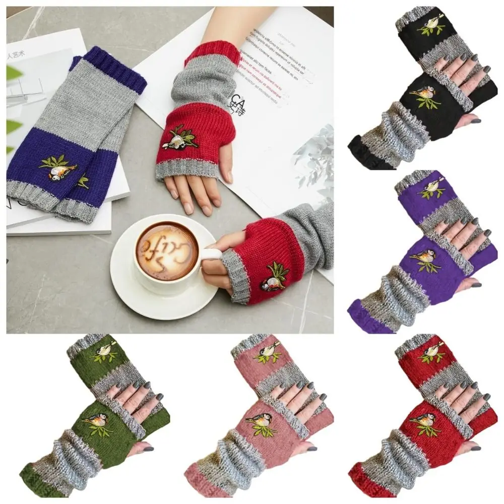 Embroidered Bird Half Finger Gloves Soft Spicy Girl Knitted Fingerless Gloves Patchwork Warm Y2k Winter Mittens Outdoor