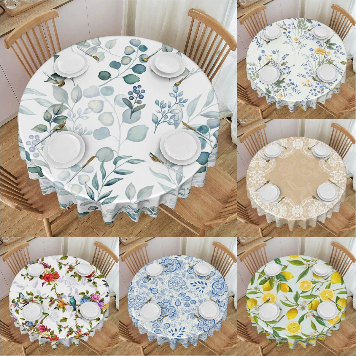 

Eucalyptus and Green Leaves Round Tablecloth Watercolor Flower Waterproof Polyester Table Cloth Cover for Outdoor Kitchen Decor