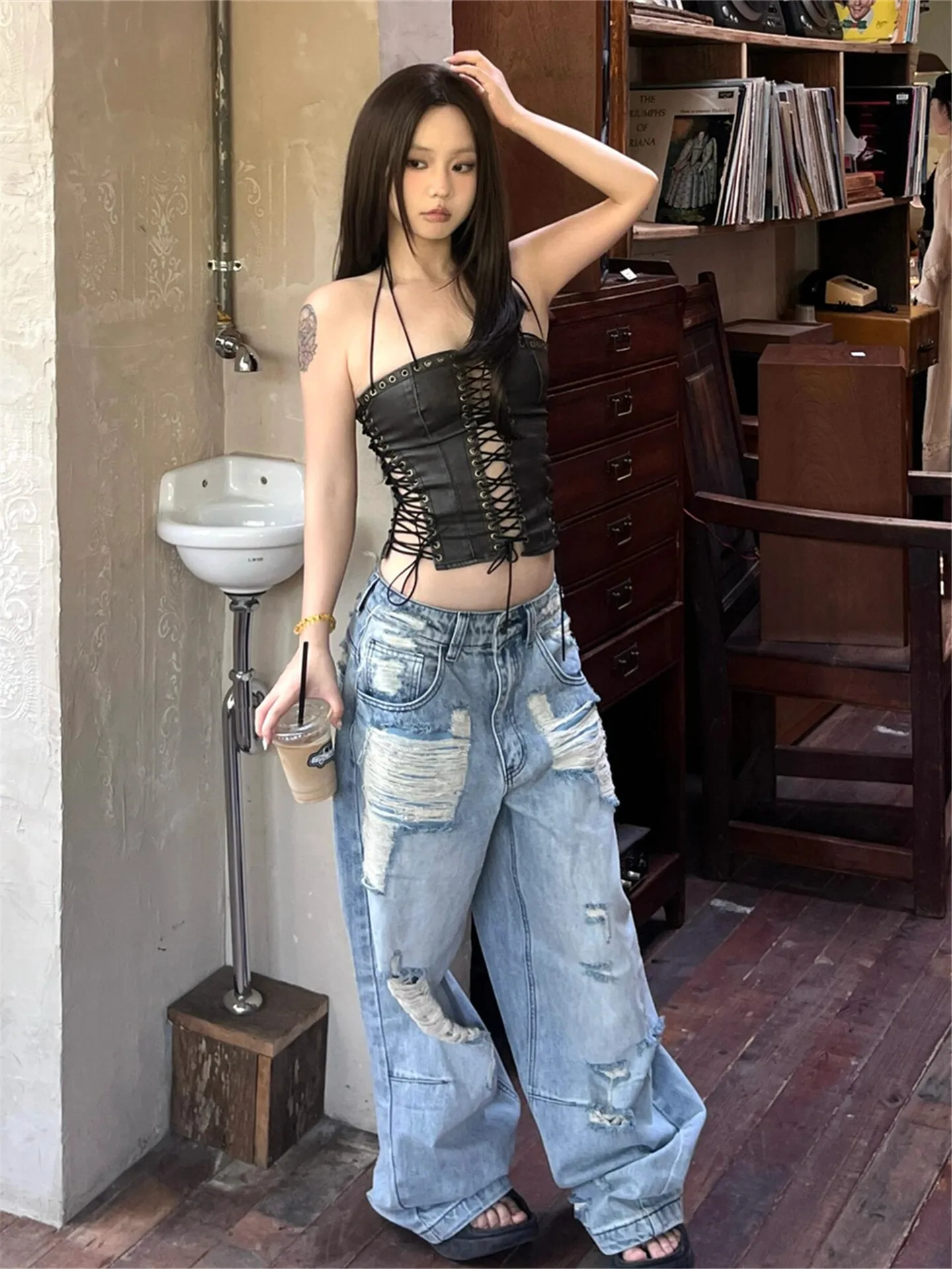 

Low Waist Wide Leg Jeans Women's Summer Thin Loose Drapey Vintage Hole Punching Casual Cotton Jeans Bell Bottoms