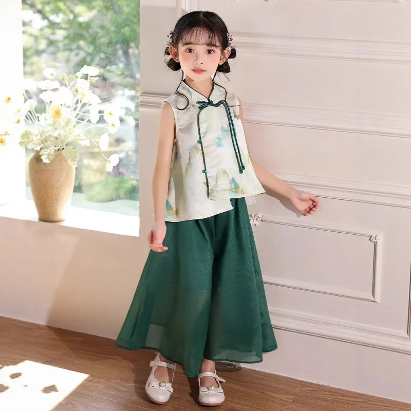 Kids New Chinese Style Vest Hanfu Set Ancient Costume Summer New Girls Chinese Style Vest Wide Leg Pants Two Piece Set
