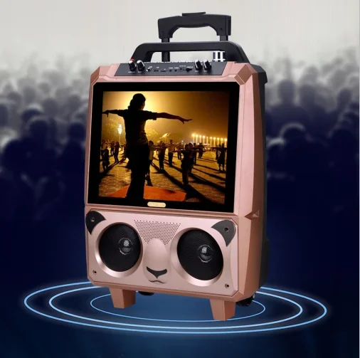 شاشة عرض كاريوكي على شكل باندا مقاس 15 بوصة، نظام بلازا للرقص المنزلي، مكبر صوت فيديو مع عجلة عربة #6