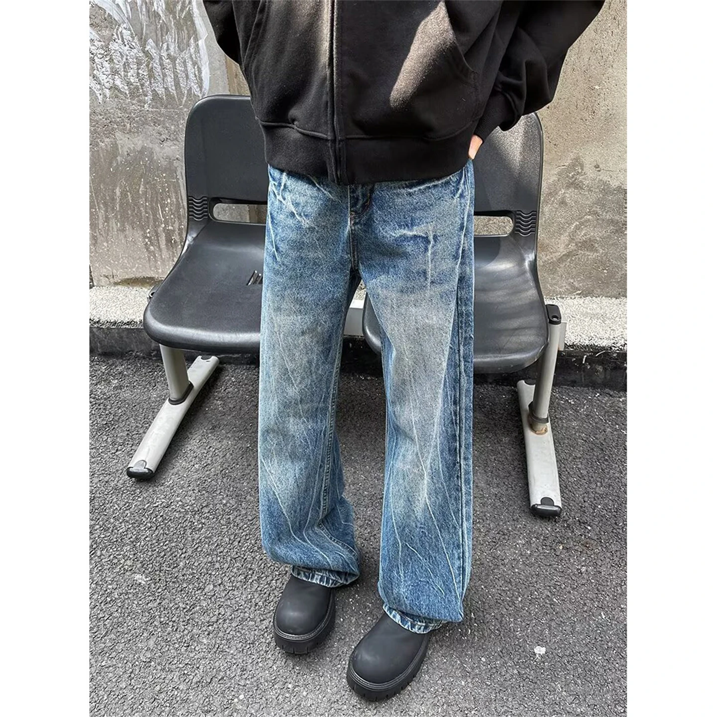 

Мужские джинсы в американском ретро-стиле с узором «молния», свободные прямые широкие брюки в стиле High Street Cleanfit