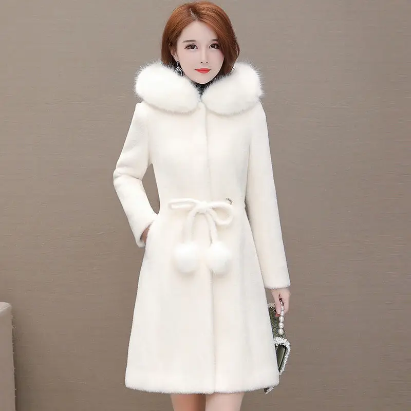 imitation Mink velvet coat female 2025 new winter clothing fashion Mid-Length Long sleeve slim hooded overcoat women tide T640