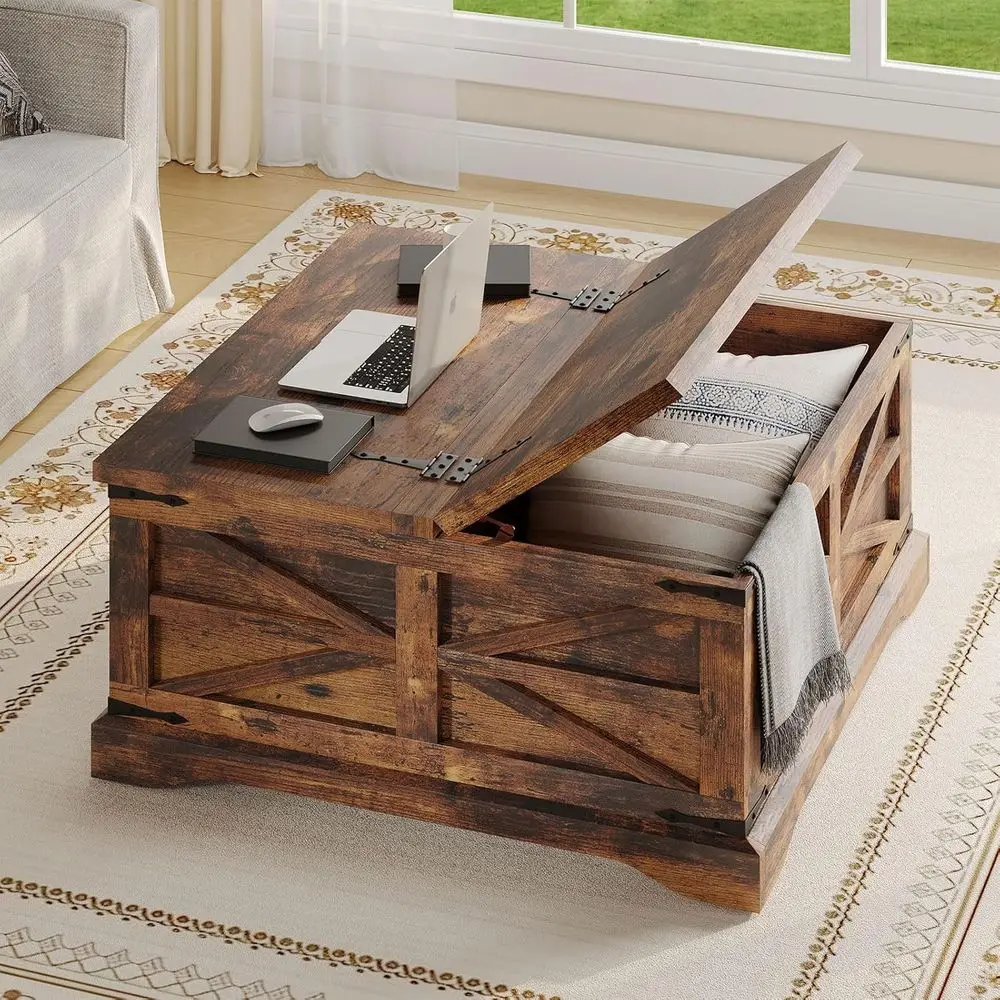 

Square Coffee Table with Storage, Large Space Organizer, Ideal for Living Room, Bedroom, or Home Office, Rustic Brown Finish