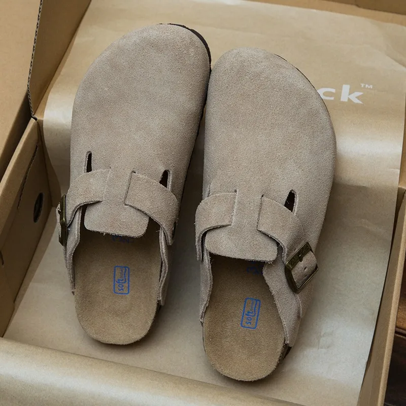 Women Suede Clogs Slippers Cork Suede Clogs Slippers Classic Men Mules Outdoor Cork Antiskid Slippers with Arch Support