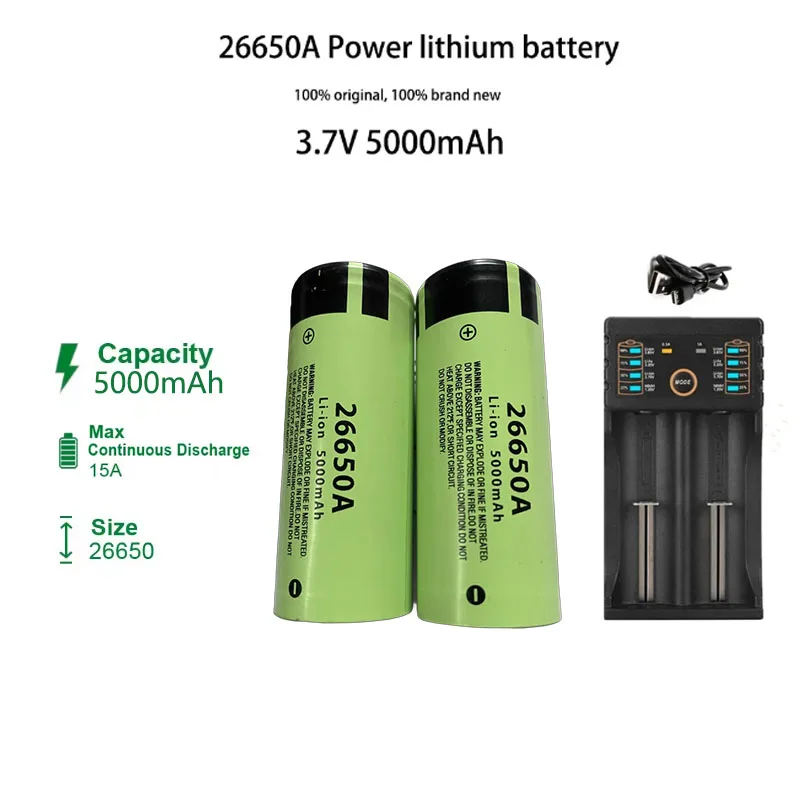 -. Hochwertiger 26650-Akku 5000 mAh 3,7 V 50 A Lithium-Ionen-Akku, geeignet für LED-Taschenlampen + Ladegeräte und Heimwerker. *;