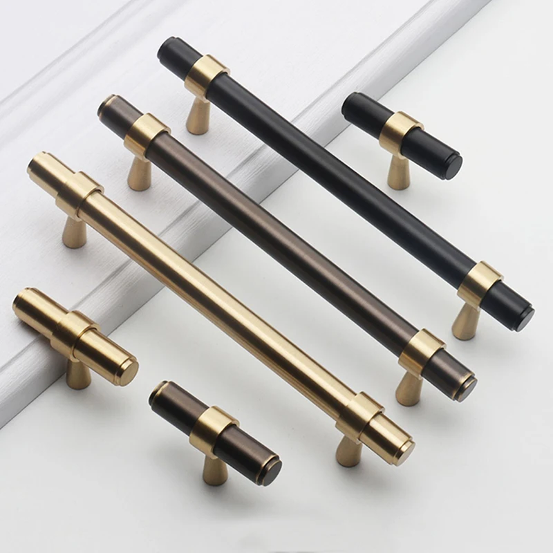 High-end European 4PCS Solid Brass T-Bar Furniture Pulls Handles Drawer Knobs Cupboard Wardrobe Closet Cabinet Door Pulls Handle