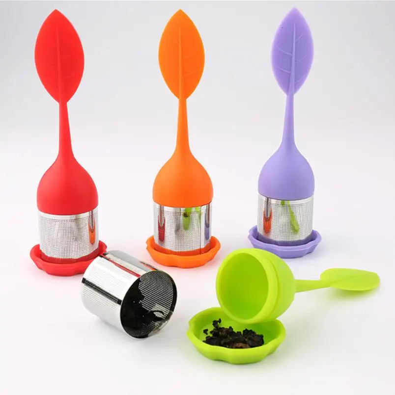 Teapot Strainers Silicone Tea Infuser with Drip Tray Leaves Shape Stainless Steel Infusers Strainer Filter Leaf Diffuser ni128