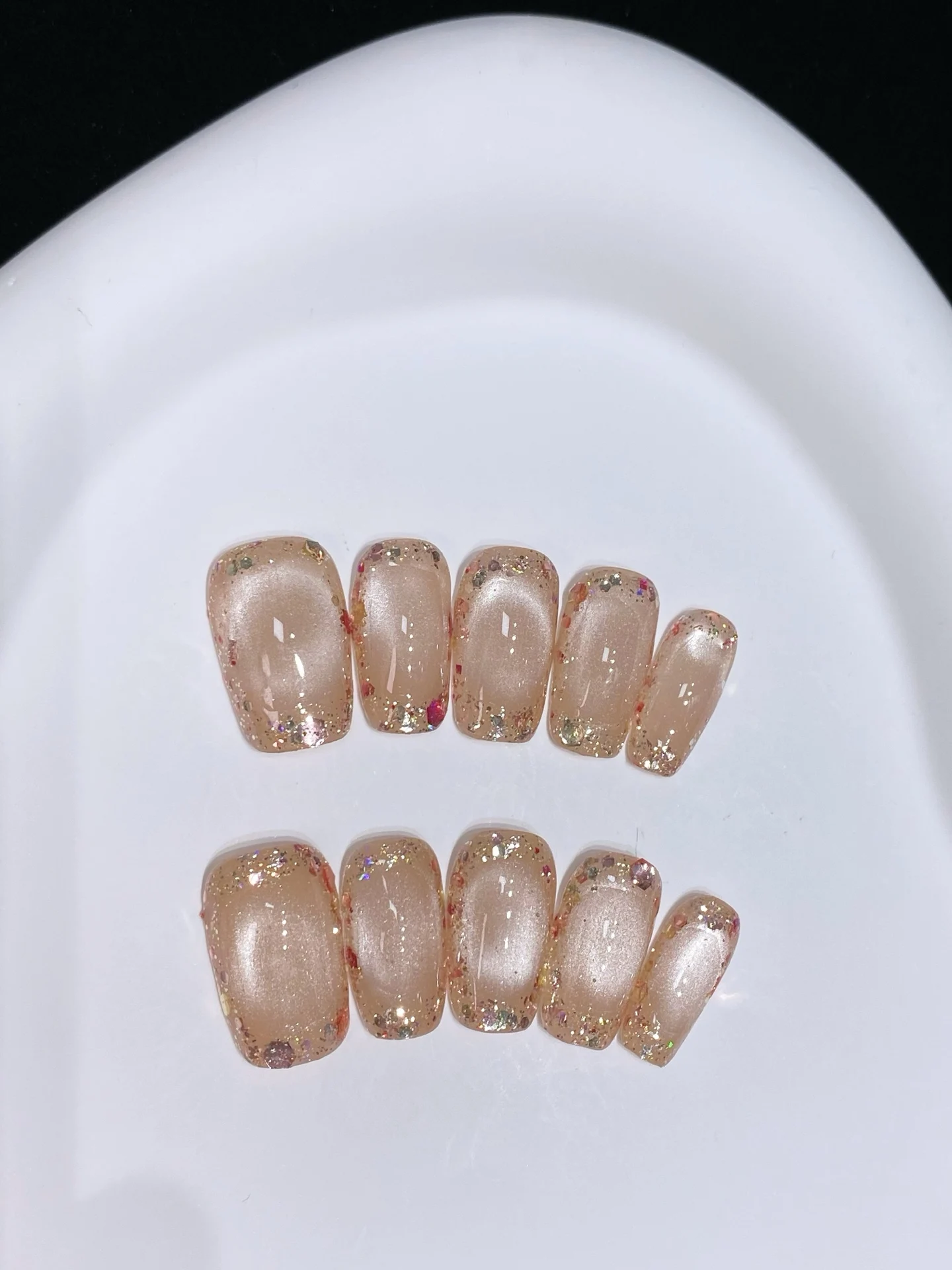 

10Pcs Handmade Press on False Nails Pink Cat Eye WIth Shiny Sequins Short Square Wearable Nail Art Tips Simple Ballet Fake Nail