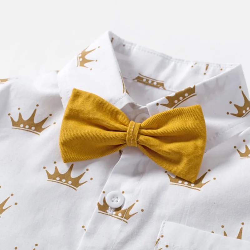 Boys Sets Clothing Summer Crown Print Polo T-Shirt White Shorts Yellow Bowtie Children\'s Clothing For Boy Kids Clothes Boys