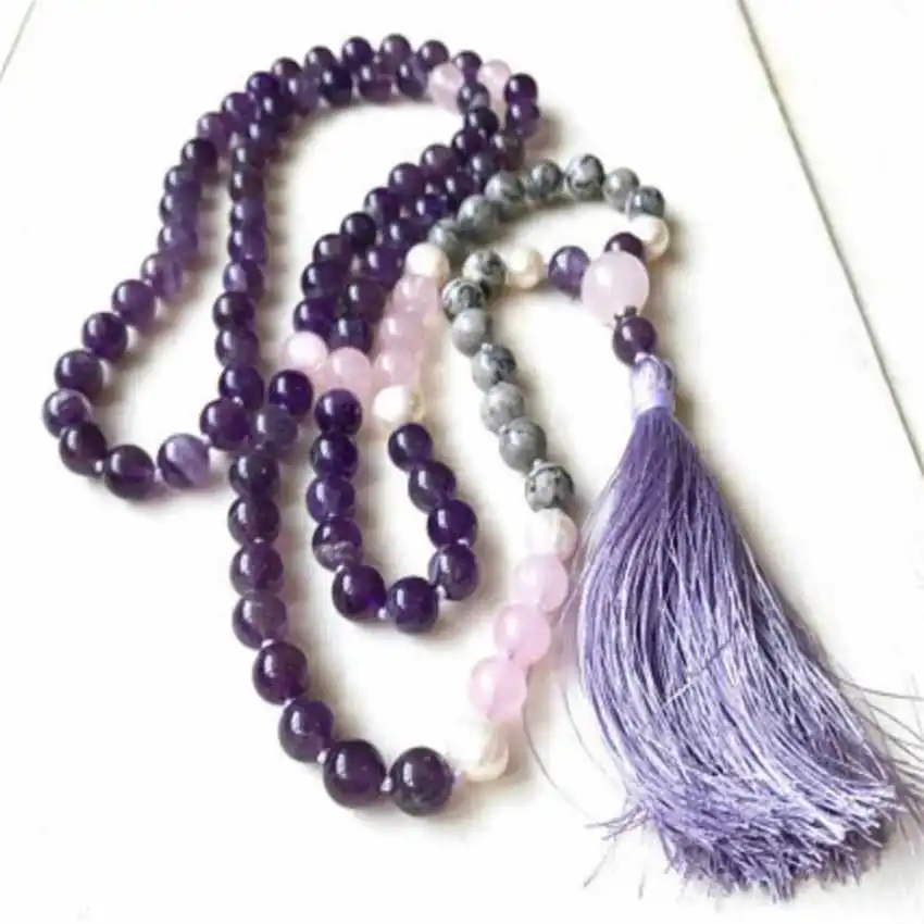 8mm natural Amethyst Rose Quartz 108 Mala necklaces tassel Opera length Healing Lariat Couples Fashion Nirvana Men