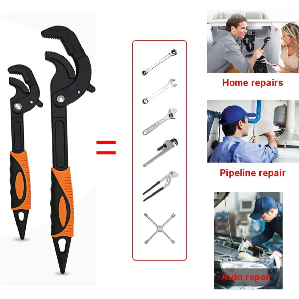 2pcs Multi-function Magic Wrench Universal Adjustable Wrenches 1045 Steel Pipe Wrench Set 10.5 and 15-Inch
