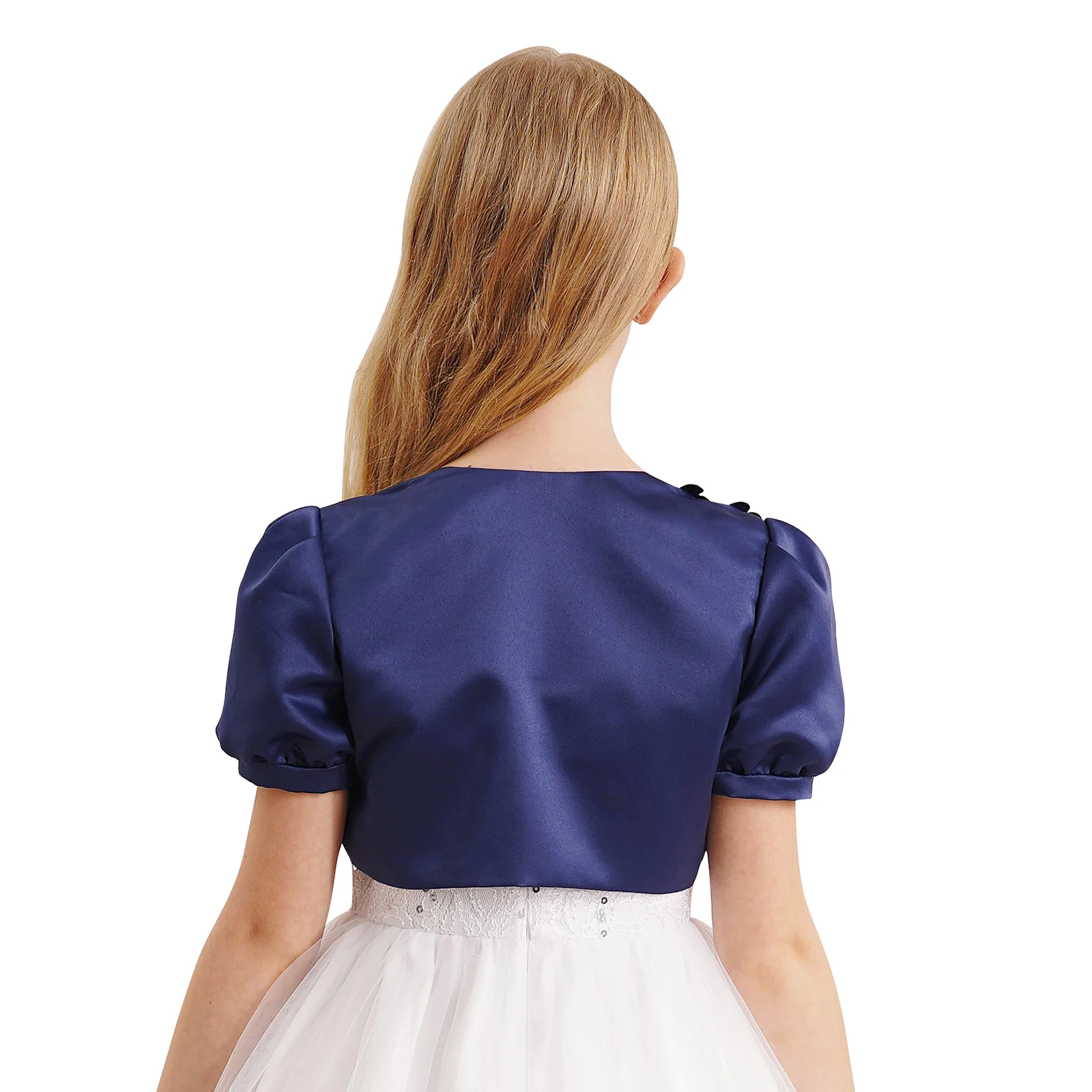 Kids Girls Flower Satin Bolero Jackets Coat Short Puff Sleeve Open Front Crop Cardigan Shrug Cape Wedding Party Dress Outwear