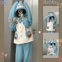 Kawaii Hatsune Miku Coral Fleece Pajamas Anime Cartoon Winter Thick Flannel Loungewear Set Student Hatsune Warm Dressing Gown