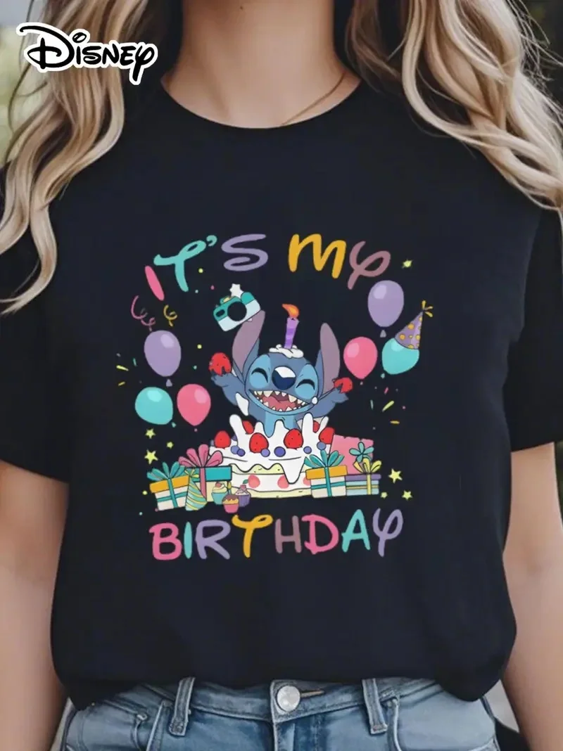 

2025 Disney Pattern Printed Women's Casual Comfortable Unique Smiling Face Black Round Neck Short Sleeve T-shirt