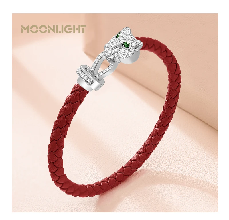 MOONLIGHT Classic Design Exquisite Cheetah Zircon Bracelet for Women Braided Leather Bracelet Quality Banquet Couples Gift