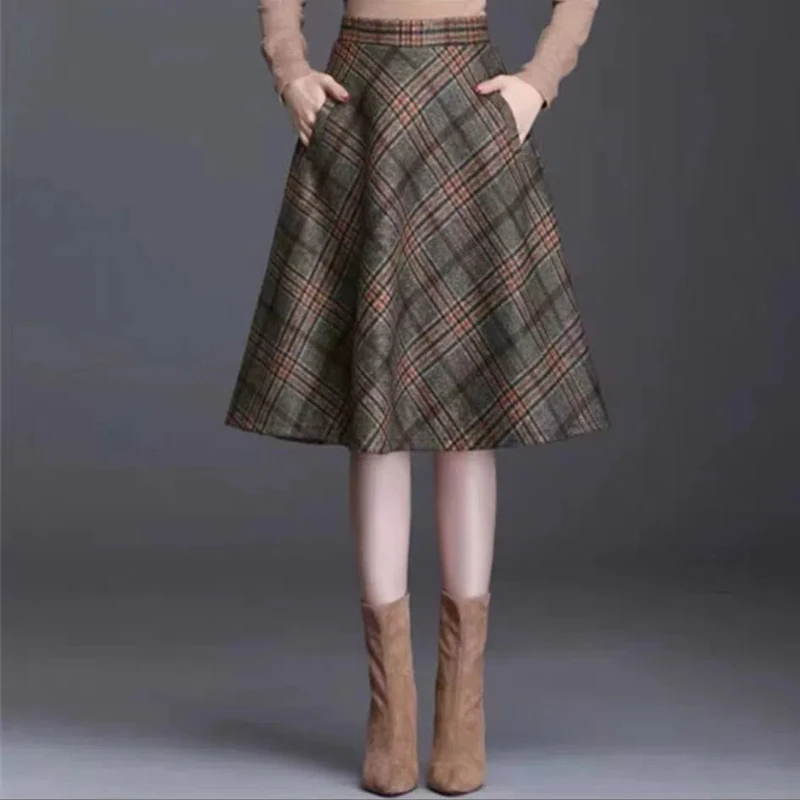 Checkered Mid Length Women's New Style High-waisted and Large Swing Elastic A-line Skirt Slimming Skirt Woolen Plaid Skirt