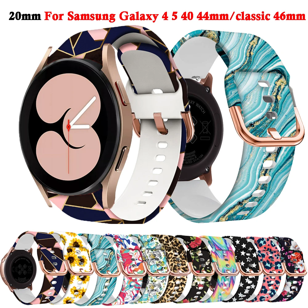 Ремешок силиконовый для Samsung Galaxy Watch 4 5 6 40 мм 44 мм/5 Pro 45 мм/Watch 4 Classic 46 мм 42 мм/Active 2, браслет с принтом, 20 мм