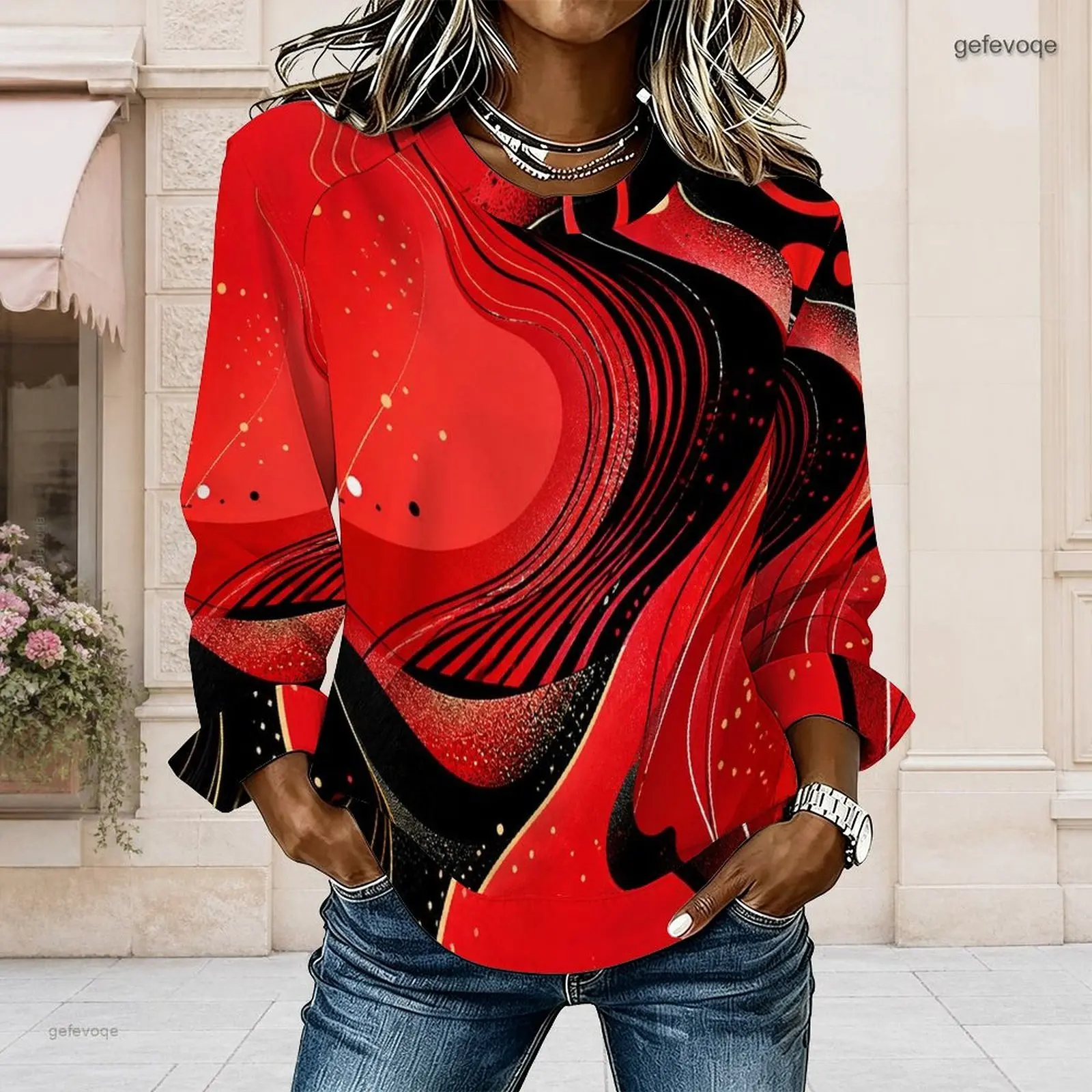 Women Red Black Abstract Swirl Printed Round Neck Long Sleeve Curved Hem Top
