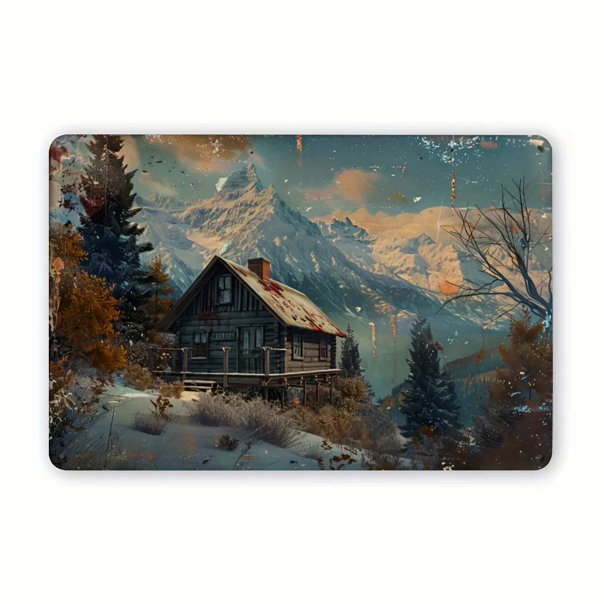 Rustic Mountain Cottage Metal Tin Sign - 12x8inch Vintage Cottage Scene Wall Decoration, Weathered Look, Suitable for Indoor/Outdoor Home Use