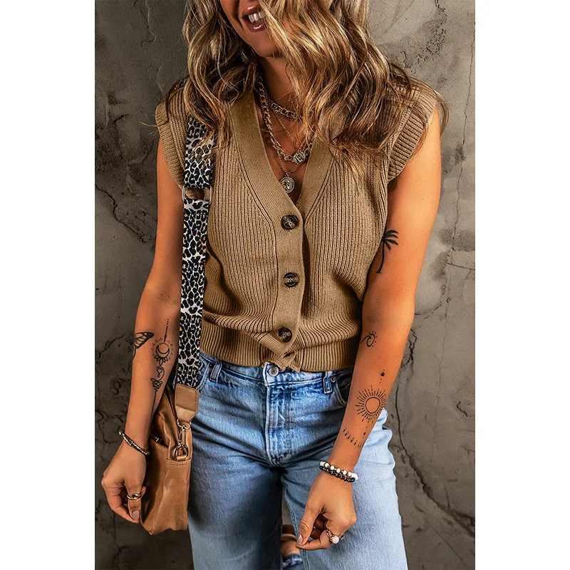 

Европейский и американский универсальный вязаный жилет для путешествий, женский летний новый однотонный однобортный свитер без рукавов