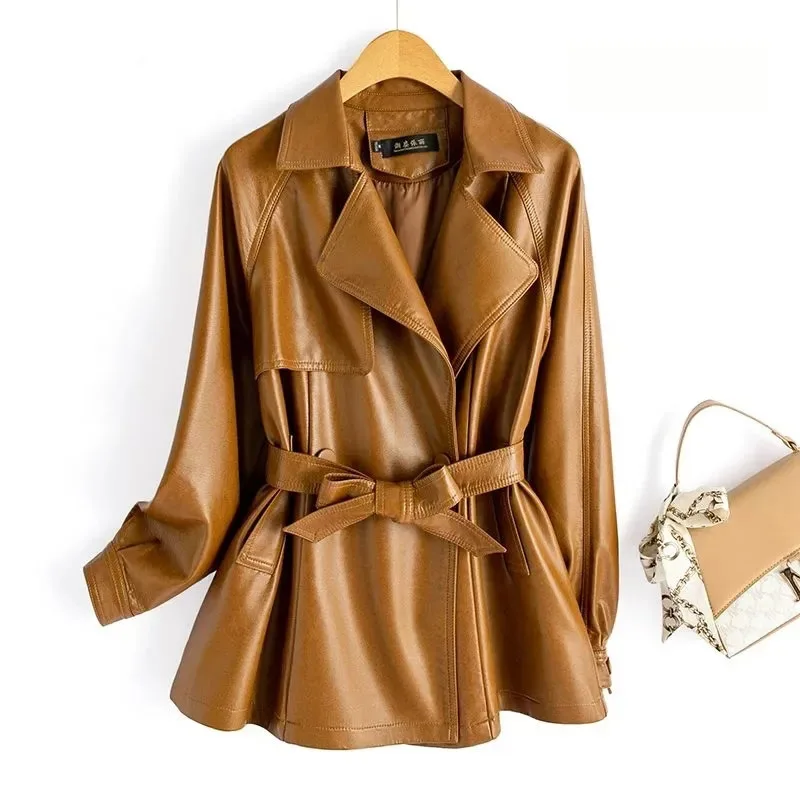 New lace-up waist  leather jacket 2025 spring and autumn medium and long jacket Korean  loose leather trench coat