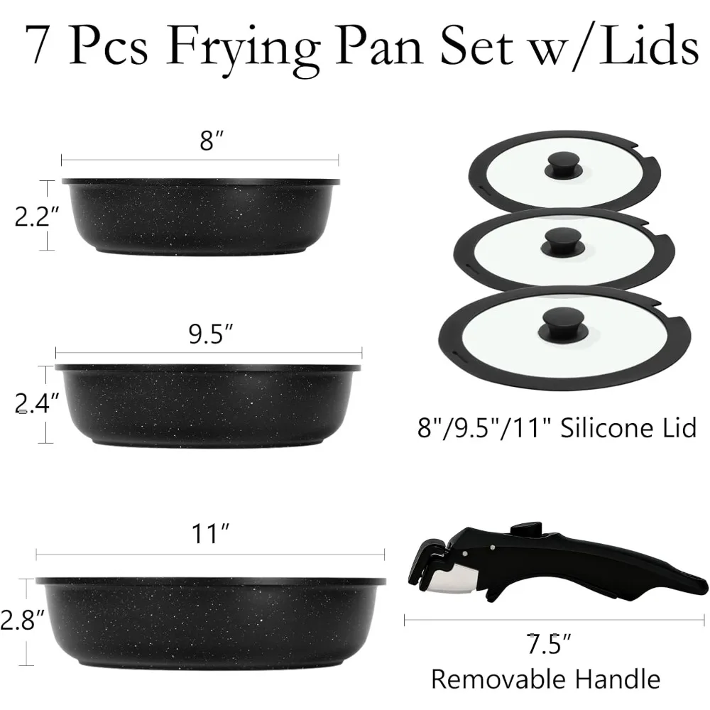 طقم مقالي سيراميك غير لاصقة مع أغطية ومقبض قابل للفصل، آمنة للبيض والعجة، مقالي مطبخ مثالية للطهي #2