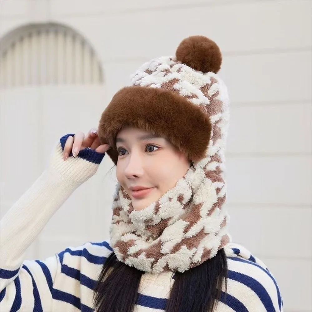 

Thicken Plush Ski Mask Scarf Hat Houndstooth Pattern Thermal Cycling 4in1 Hat Windproof Ear Protection Neck Cover Face Cap Women