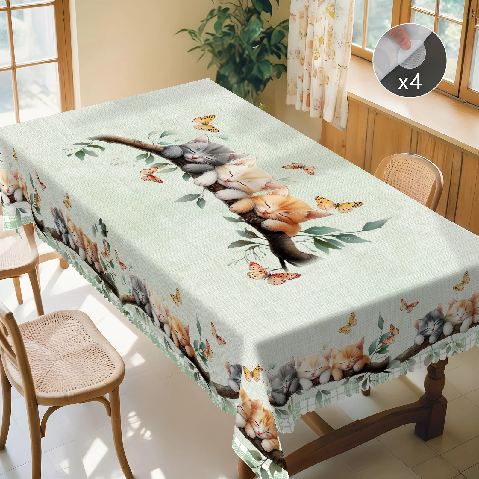 مفرش طاولة ناعم ولطيف على شكل قطة، مع طباعة من ثلاثة قطط لتزيين طاولة القهوة في فرع، فراشات راقصة، حواف منقوشة، مقاومة للماء، مقاومة للتجاعيد، مناسبة لطاولات القهوة المستطيلة والحفلات الخارجية، ديكور المنزلية والربيع والخريف والشتاء ص-083 #4