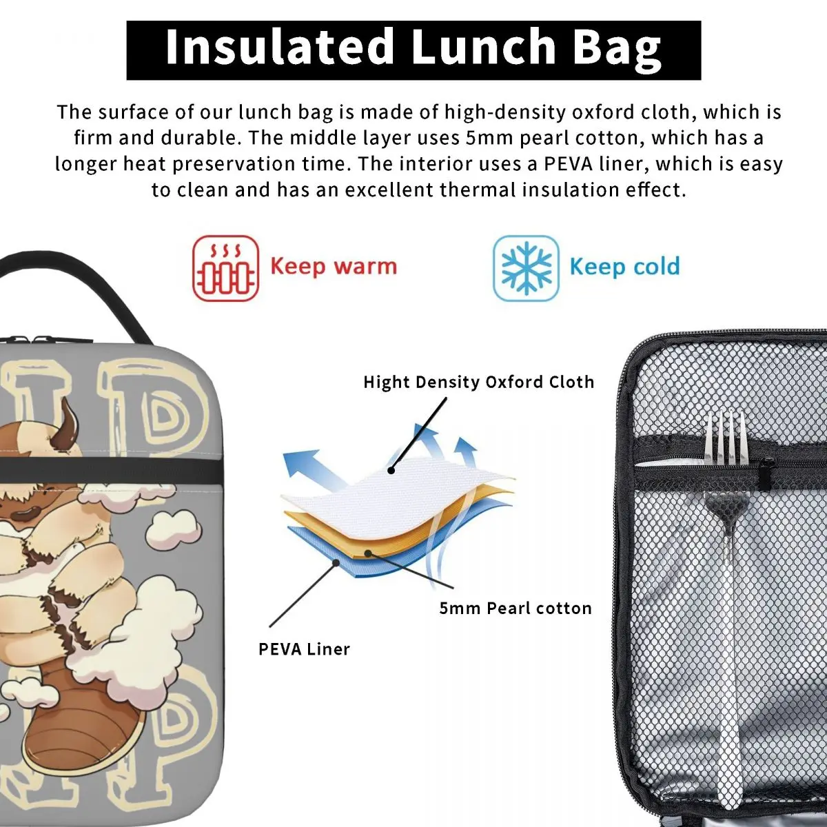 Appa Insulated Lunch Bag High Capacity Avatar The Last Airbender Meal Container Cooler Bag Tote Lunch Box Work Outdoor Girl Boy