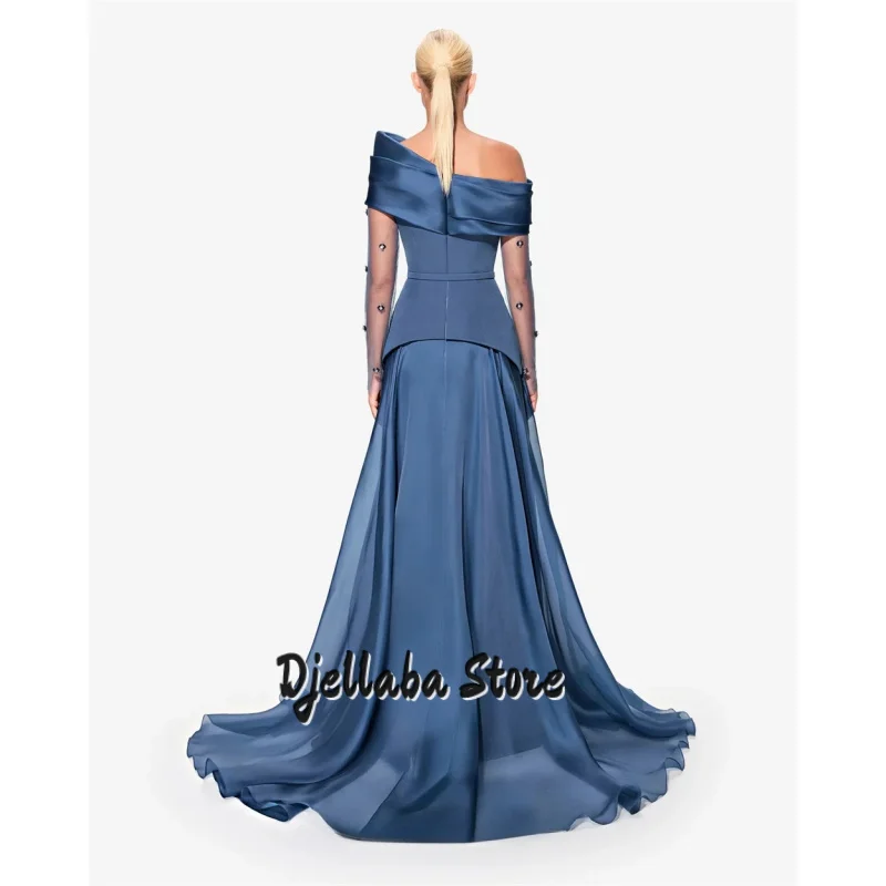 단정한 여성용 이브닝 가운, 오프숄더 미스티 블루 럭셔리 파티 가운, 맞춤형 A라인 드레이프 정장 이브닝 드레스