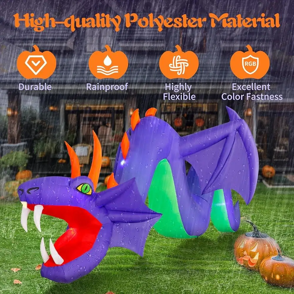 12ft Inflatable Dragon Halloween Decorations Outdoor Giant Purple Dragon with LED Lights Spooky Party Yard Decor Airblown
