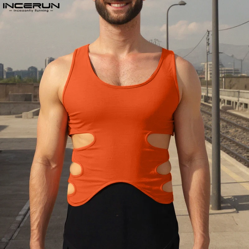 

INCERUN Men Tank Tops Solid Color O-neck Sleeveless Hollow Out Male Vests Summer Streetwear 2025 Sexy Irregular Crop Tops Men