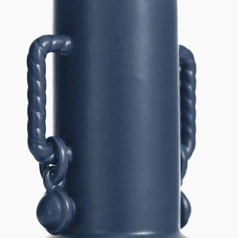 Handmade smooth dark blue twisted rope handle with spherical pendant vase